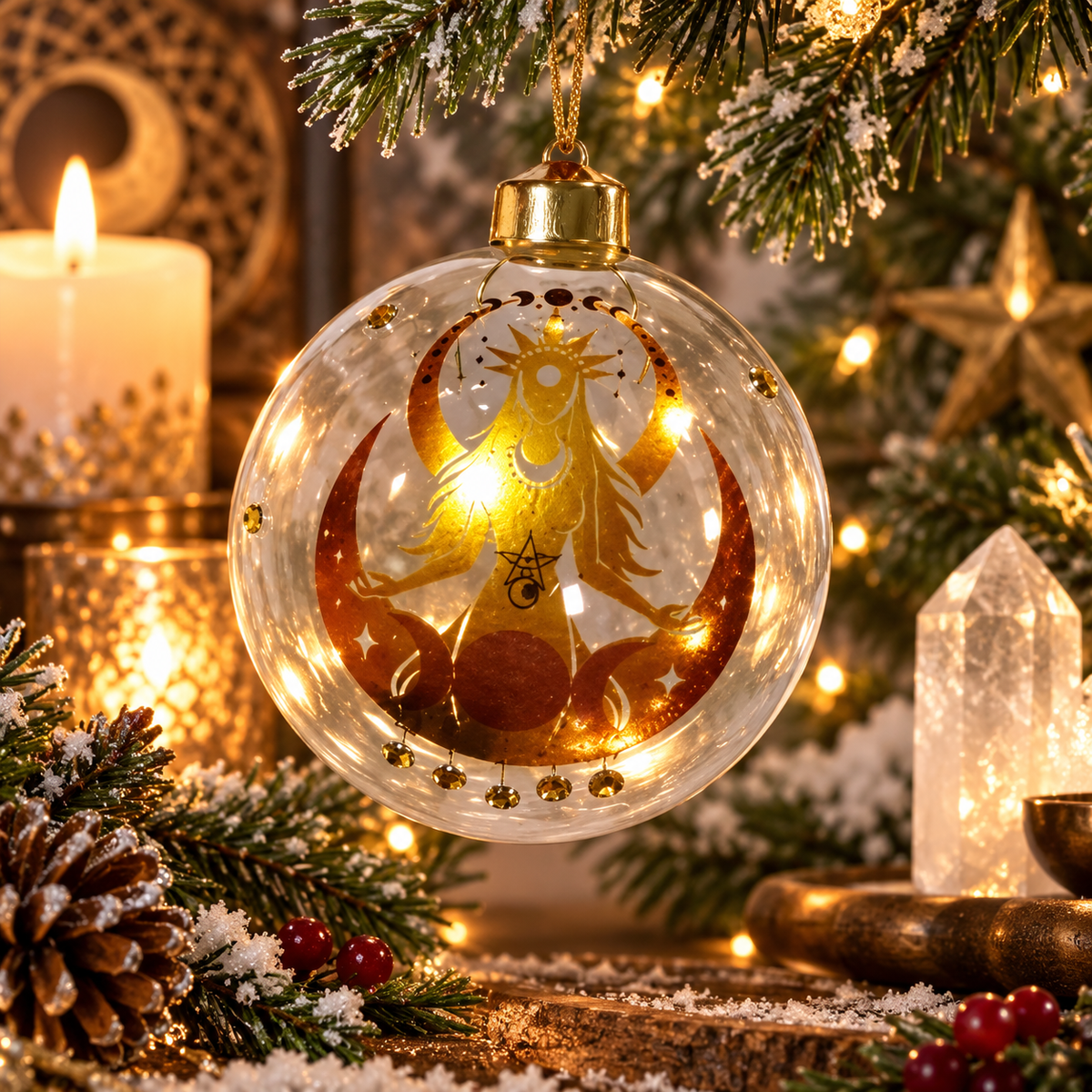 Golden Goddess Yule ornament displayed in a warm winter altar setting — AI-generated illustration; details may vary.