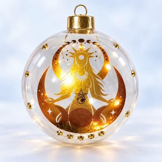Golden Goddess Yule ornament in clear glass with gold celestial design — AI-generated illustration; details may vary.