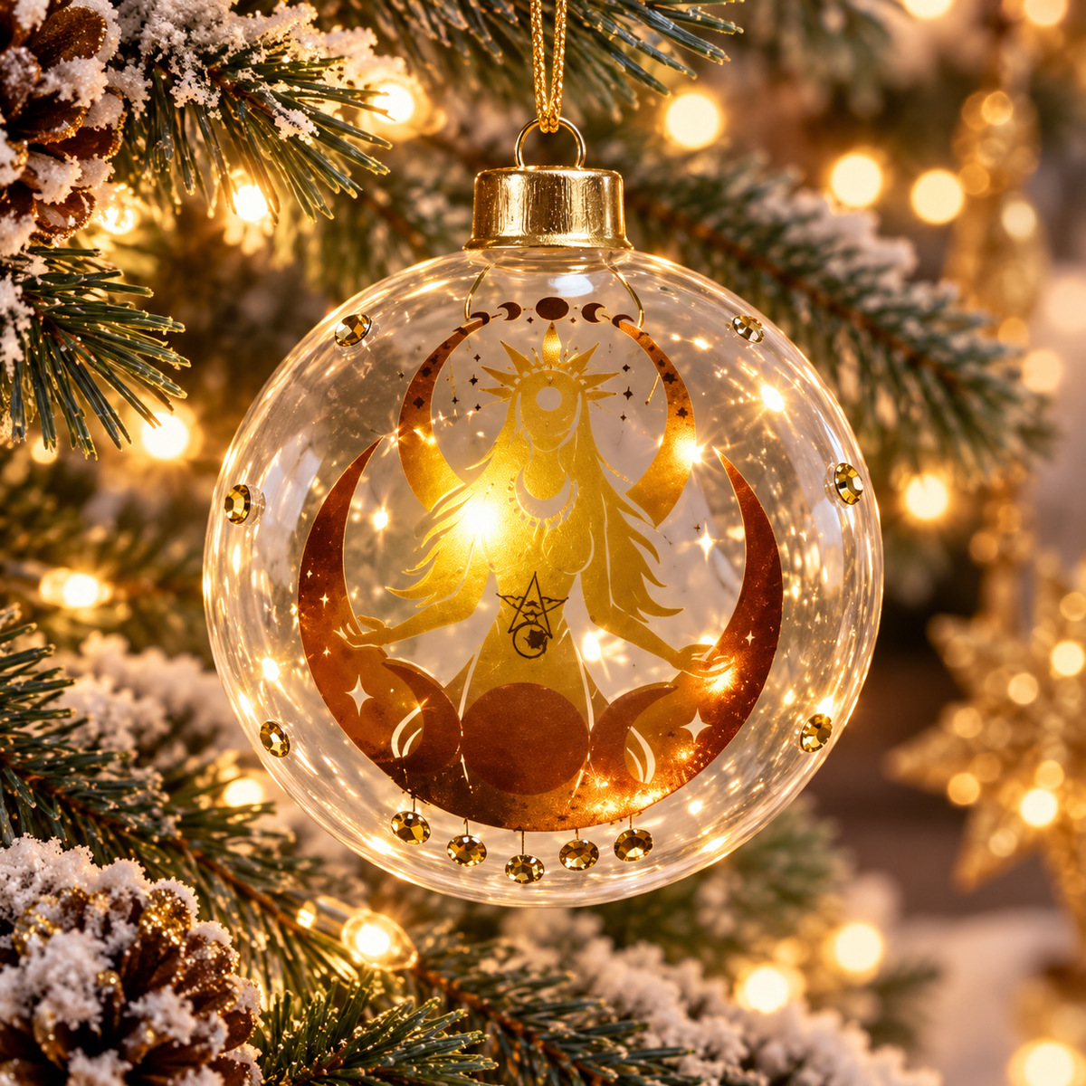 AI-generated illustration of a Golden Goddess Yule ornament hanging on a decorated winter tree; actual details may vary.